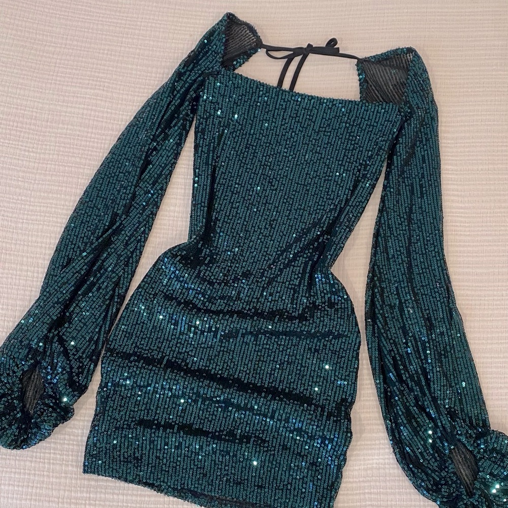 LUCY IN THE SKY GREEN SEQUIN MINI DRESS SPARKLE TIE size: xs